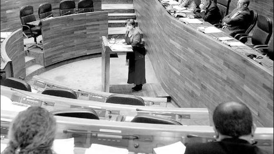 Pilar Rodríguez se dirige a Noemí Martín, sentada, de espaldas, junto a Jesús Iglesias, coordinador general de IU, ayer en el Pleno de la Junta General.