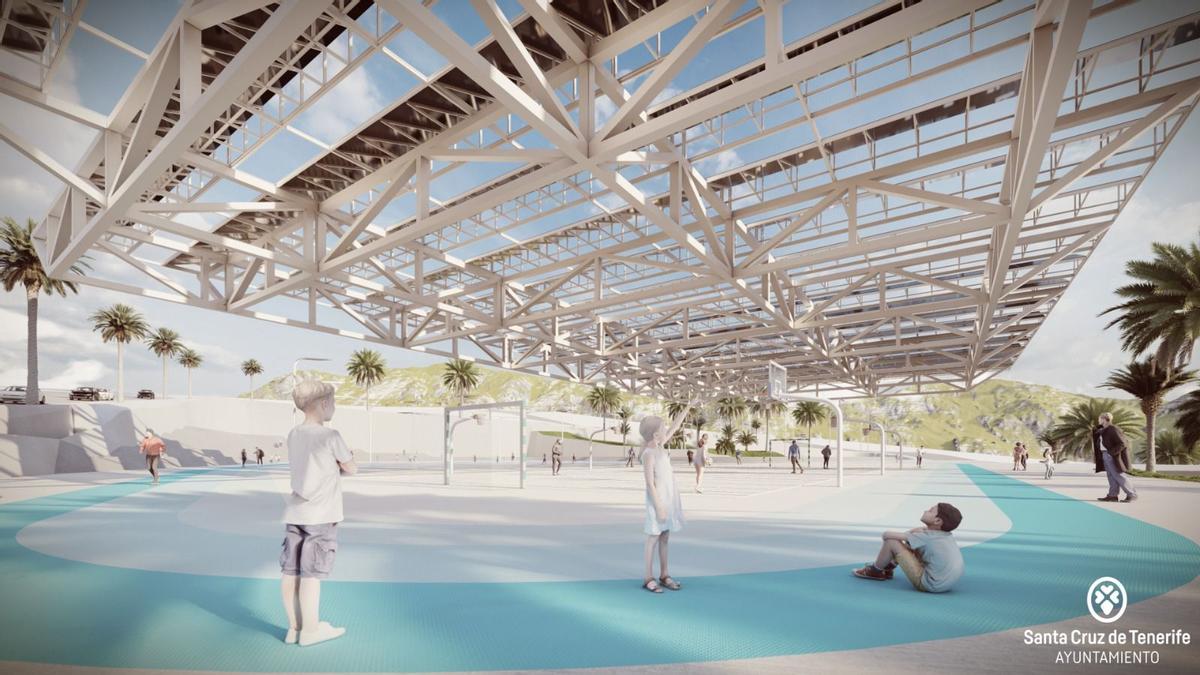 Infografía del futuro parque urbano «sostenible» que se construirá en Barranco Grande, en el Distrito Suroeste de Santa Cruz.