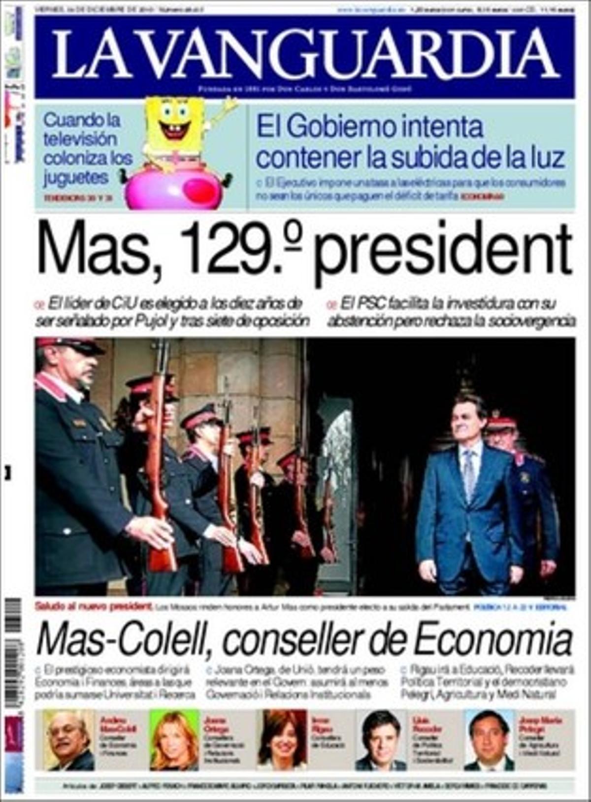 ’La Vanguardia’ destaca que el Govern espanyol celebra el pacte d’investidura català; que més de 400 camells surten al carrer amb l’última reforma del Codi Penal; que la videovigilància s’amplia a Barcelona més enllà de Ciutat Vella, i que el Govern imposa una nova taxa al sector elèctric per contenir la tarifa; i que Irlanda nacionalitza l’Allied Irish Bank per 3.700 milions d’euros.