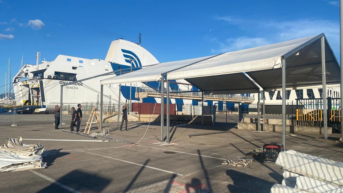 Montaje de la primera de las carpas para migrantes, este miércoles por la tarde en el Puerto de Palma