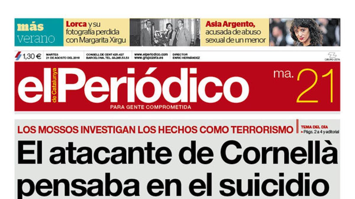 La portada de EL PERIÓDICO DE CATALUNYA del martes, 21 de agosto del 2018