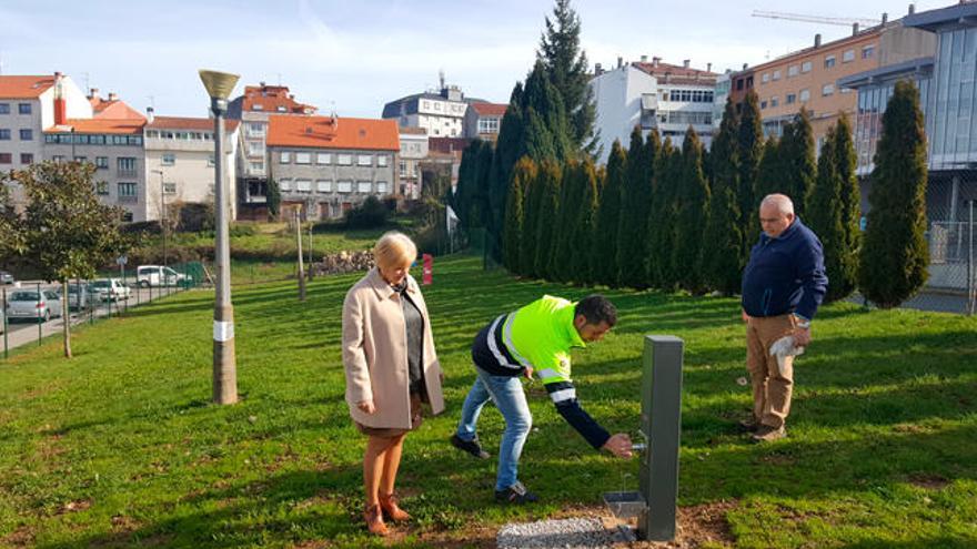 Celia Alonso examina las obras en el parque canino de Fonte Sanguiña. // FDV