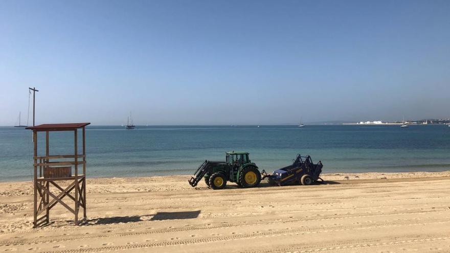 Una máquina limpia la playa a primera hora.