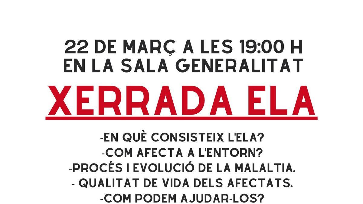 Cartel de la charla sobre ELA en l'Alcúdia de Crespins.