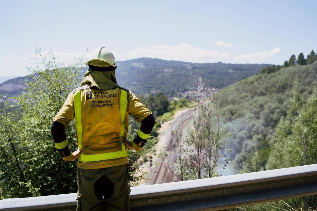 Uno de los bomberos, que participó en el dispositivo de extinción, observando el fuego ya controlado.