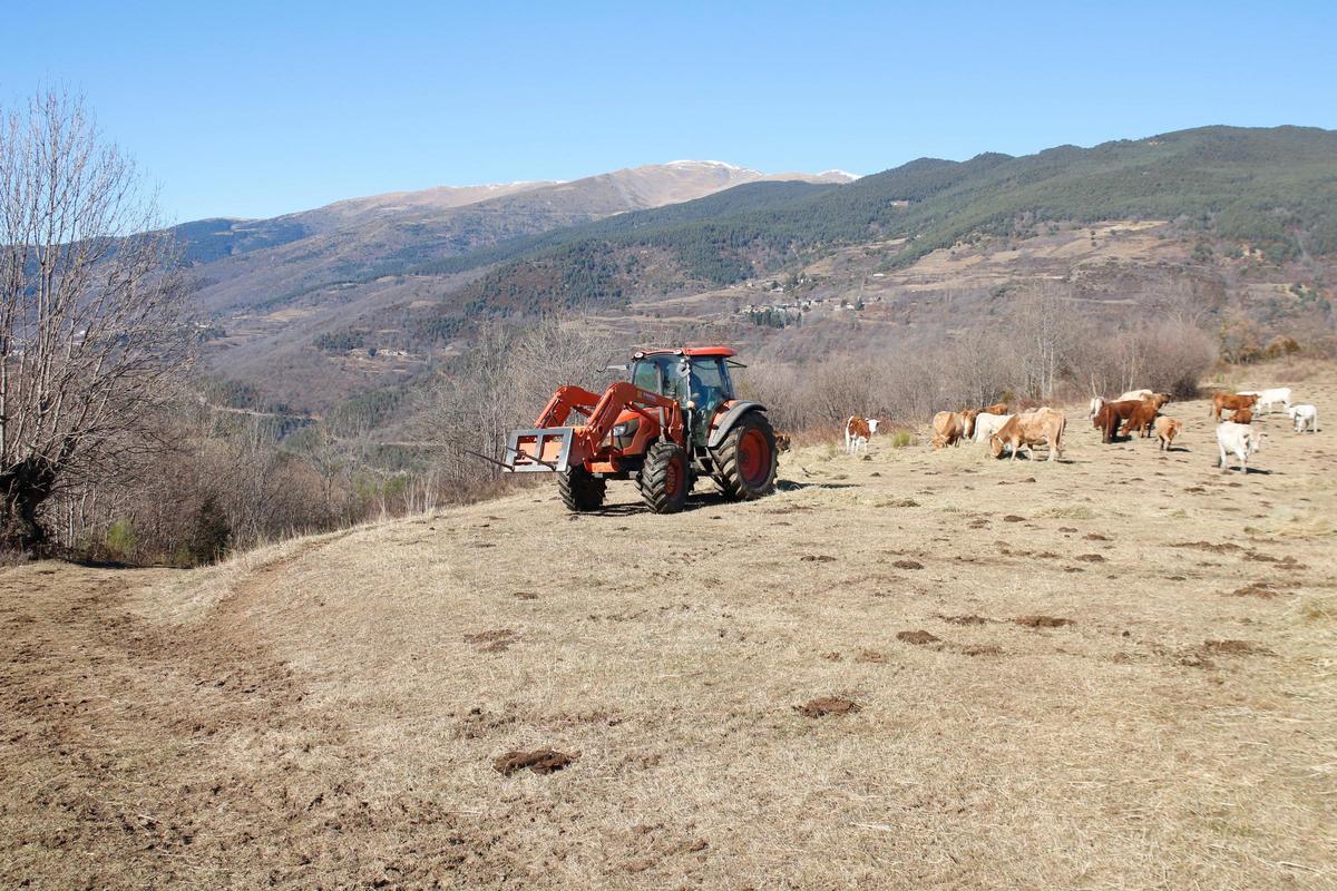 Un tractor en unes terres de pastura al Ripollès.