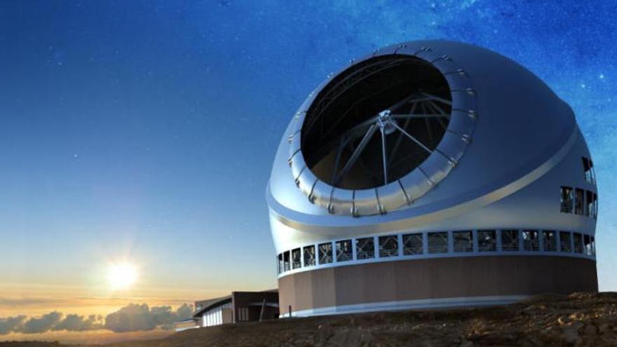 Representación del Telescopio de Treinta Metros en su emplazamiento en La Palma.