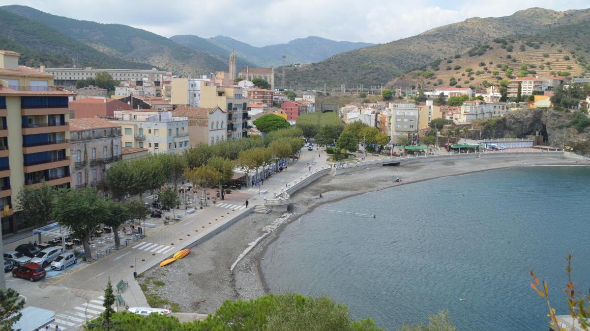 Els plàtans marquen una línia verda vora mar a Portbou.