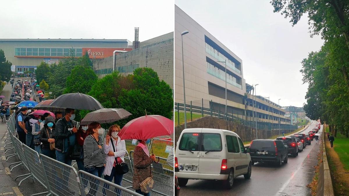 Colas de personas y coches en los accesos al Ifevi para recibir la vacuna en el día de hoy.