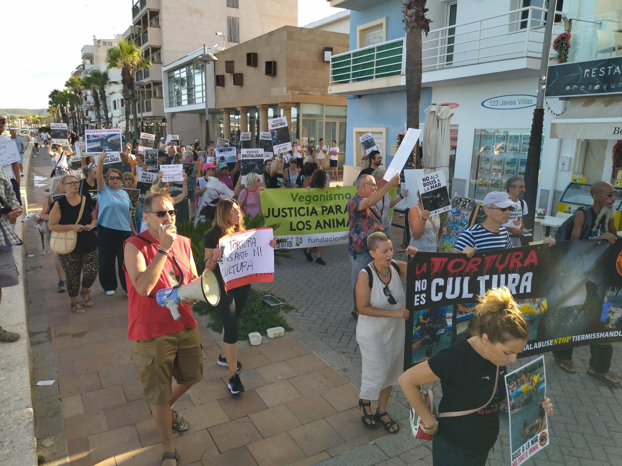 Un centenar de personas se manifiesta en Xàbia contra los "bous a la mar" y "al carrer"
