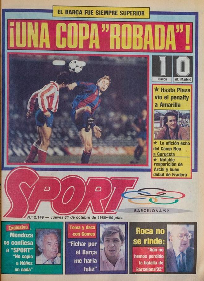 1985 - El Barcelona pierde en el global la Supercopa de España ante el Atlético. El árbitro no pitó el clamoroso penalti a Amarilla
