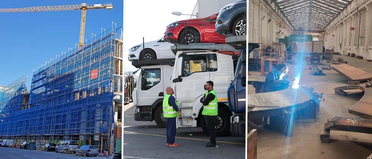 De izq. a dcha., obras de viviendas en Jacinto Benavente, camioneros en la terminal de Bouzas y trabajador en las instalaciones de una empresa de Porriño