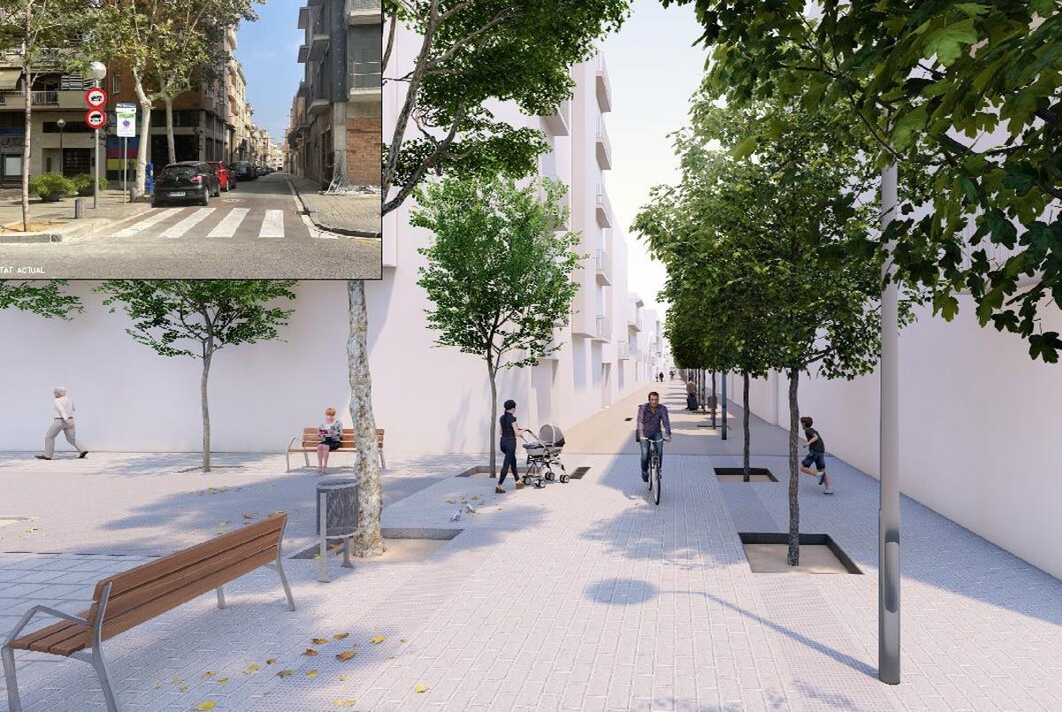 Recreación del resultado de la reforma en la calle de Sant Hipòlit, en Sant Andreu, con una imagen del estado actual en la parte superior.