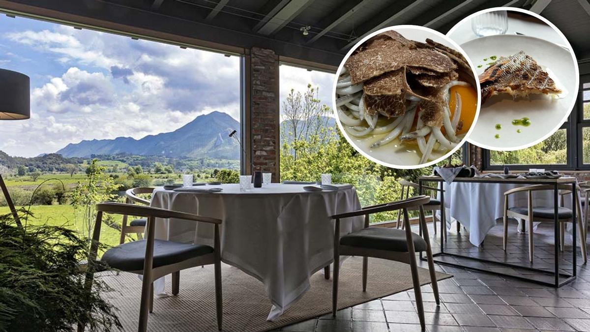 El comedor del restaurante La Huertona, en Ribadesella, y en los círculos, dos de sus platos