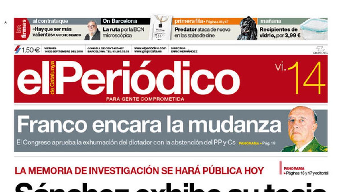 La portada de EL PERIÓDICO DE CATALUNYA del 14 de septiembre del 2018