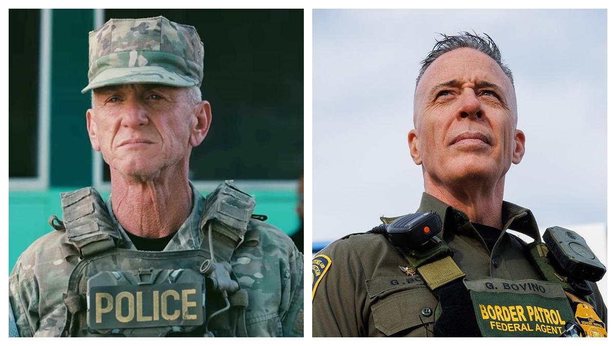 A la izquierda, Sean Penn como el coronel Lockjaw en 'Una batalla tras otra'; a la derecha, Greg Bovino.