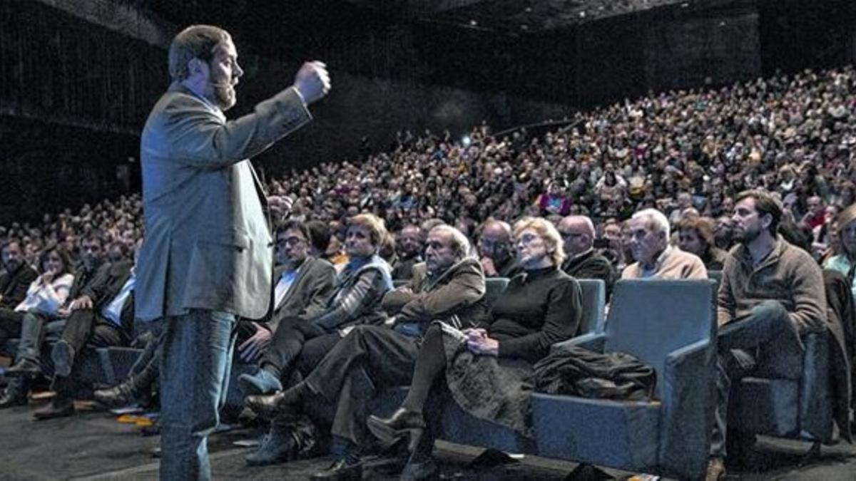 El presidente de ERC, Oriol Junqueras, durante un momento de su intervención en el acto del Fòrum, ayer.