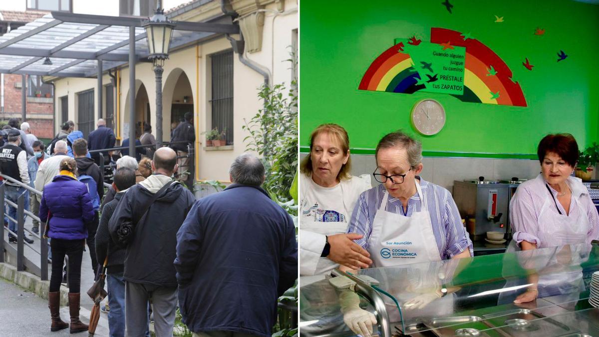 A La izquierda, una cola de comensales a la entrada de la Cocina Económica de Oviedo. A la derecha, preparación un menú en la Cocina Económica de Gijón.