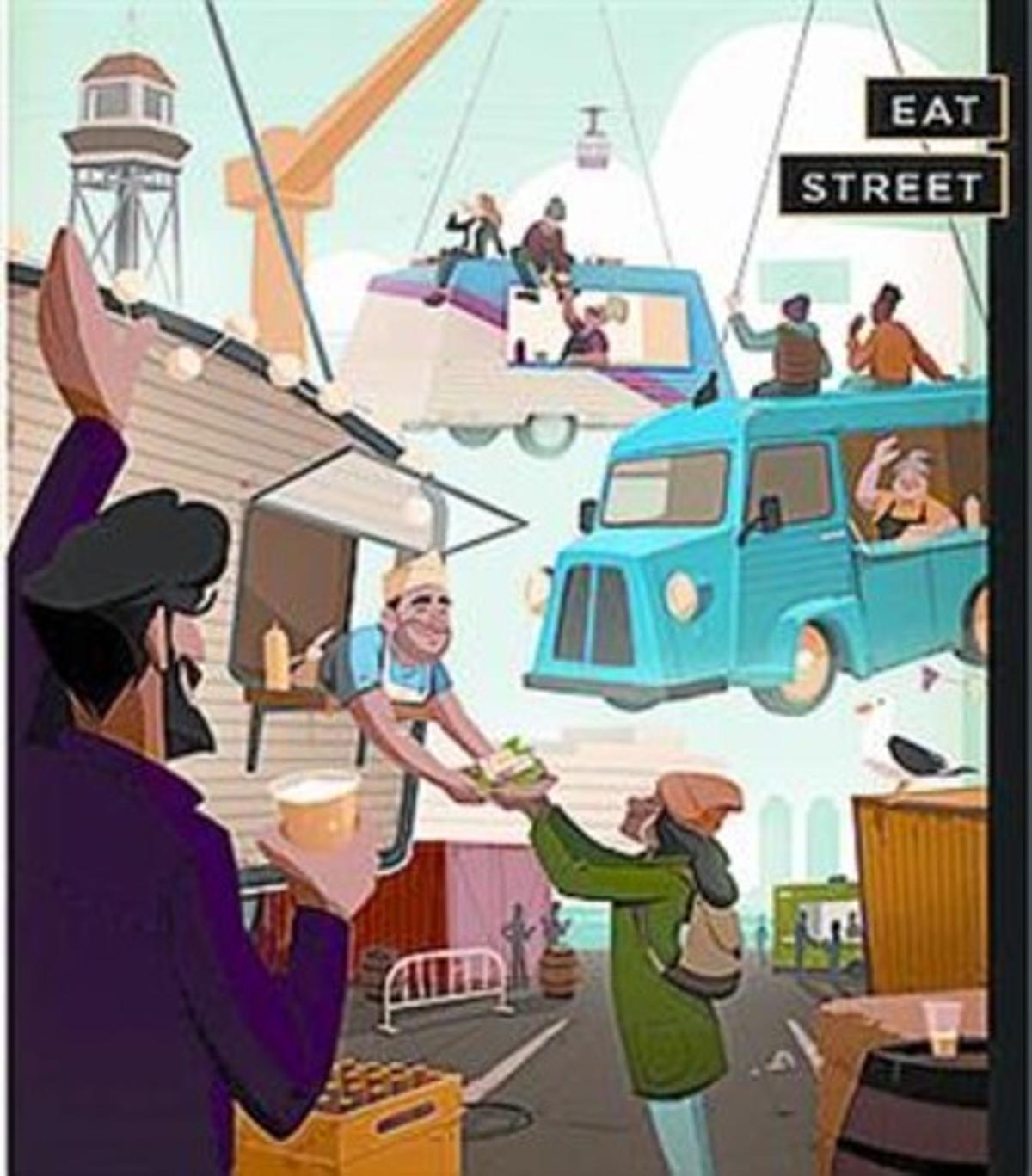 Tastos a la fira Arrels de Vi d’Empúries. A sota, cartell de l’Eat Street.
