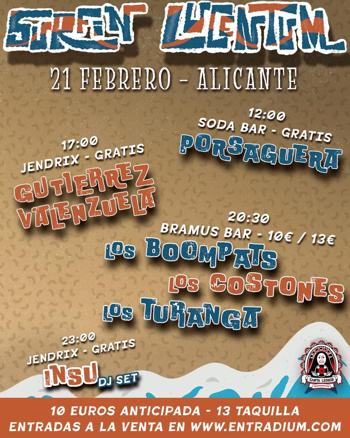 Cartel oficial de Surgin Lucentum, un festival itinerante de surf y rock en Alicante