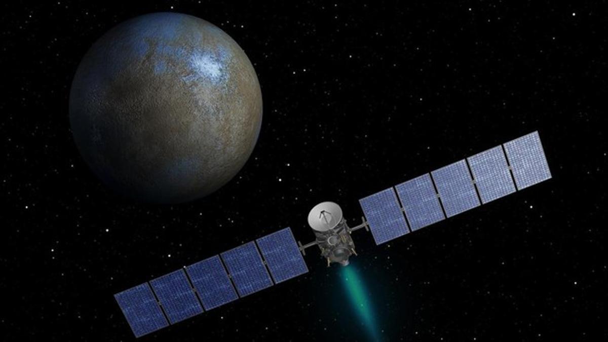 Simulación artística de la sonda estadounidense Dawn en órbita alrededor de Ceres.