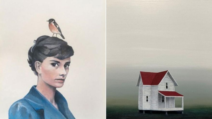 Dos de las obras a la venta, &quot;Pájaros 4&quot;, de Federico Granell (izquierda), y &quot;Misty Lake&quot;, de Mónica Dixon.