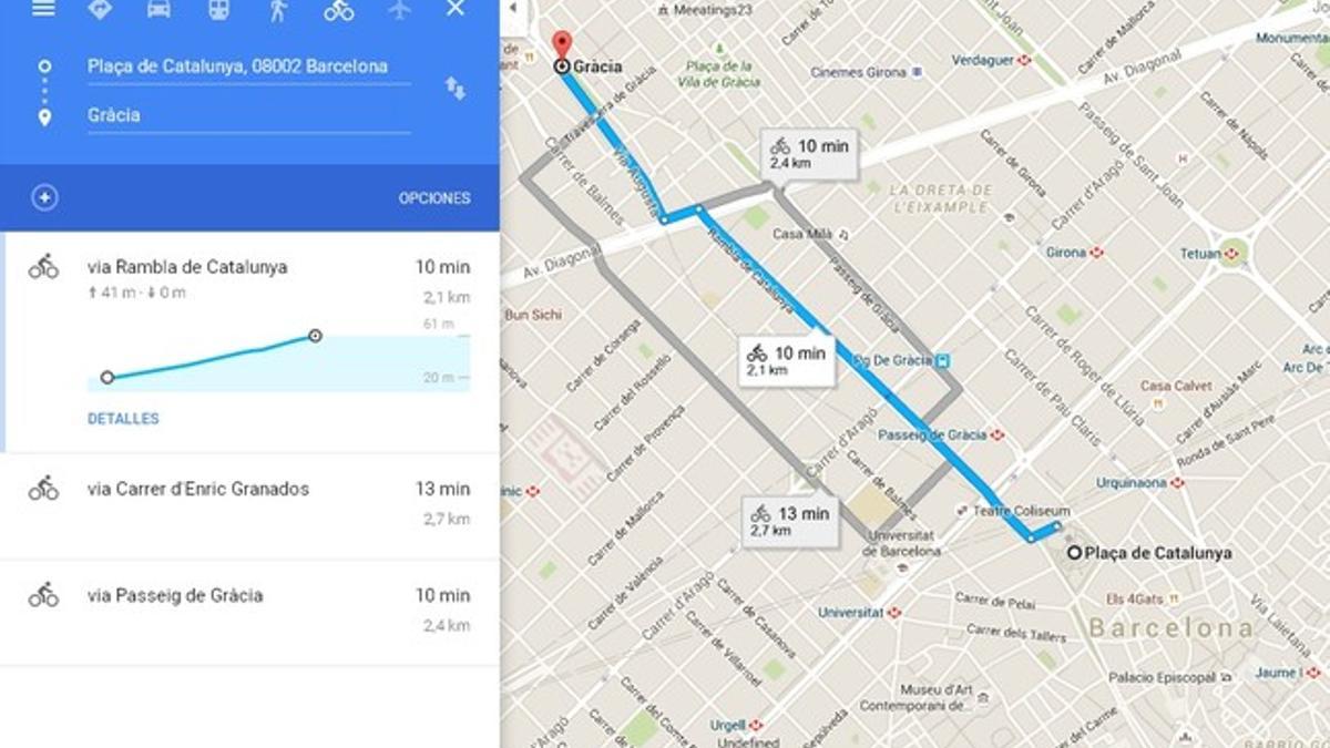 El planificador de rutas en bici de Google Maps.