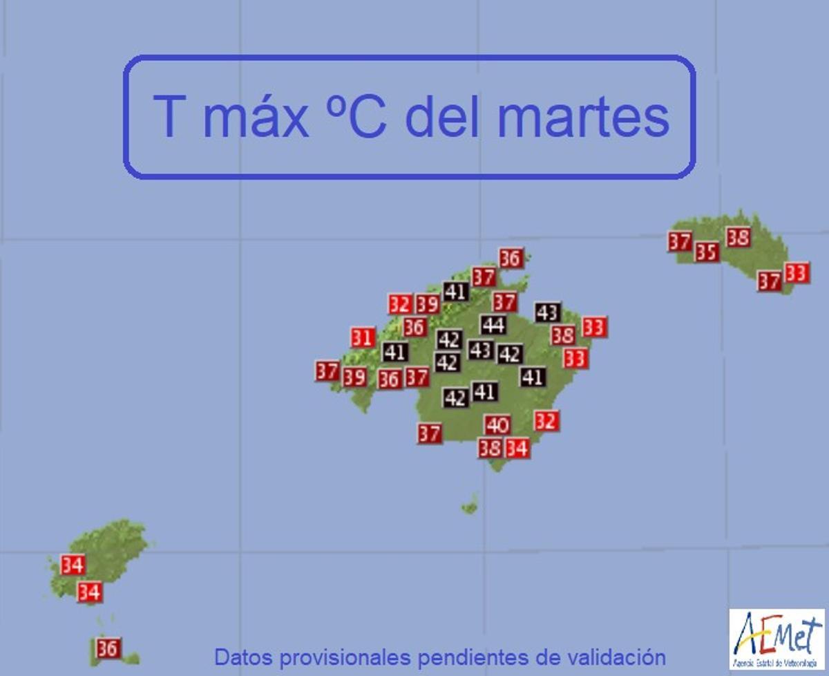 Höchsstemperaturen auf Mallorca am Dienstag (18.7.2023)