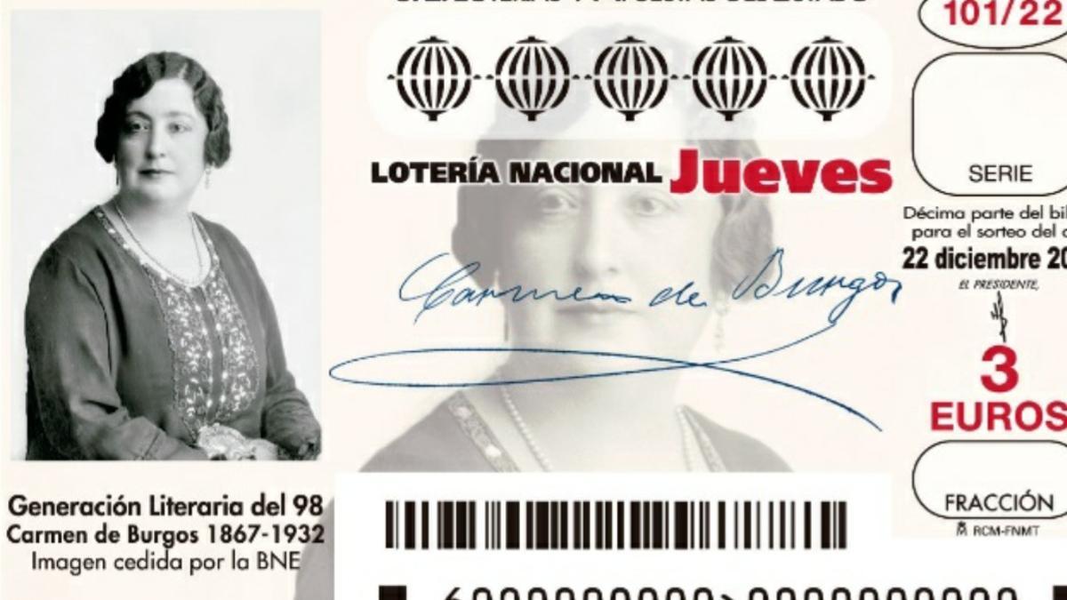 Los décimos de Lotería Nacional en honor a Carmen de Burgos.