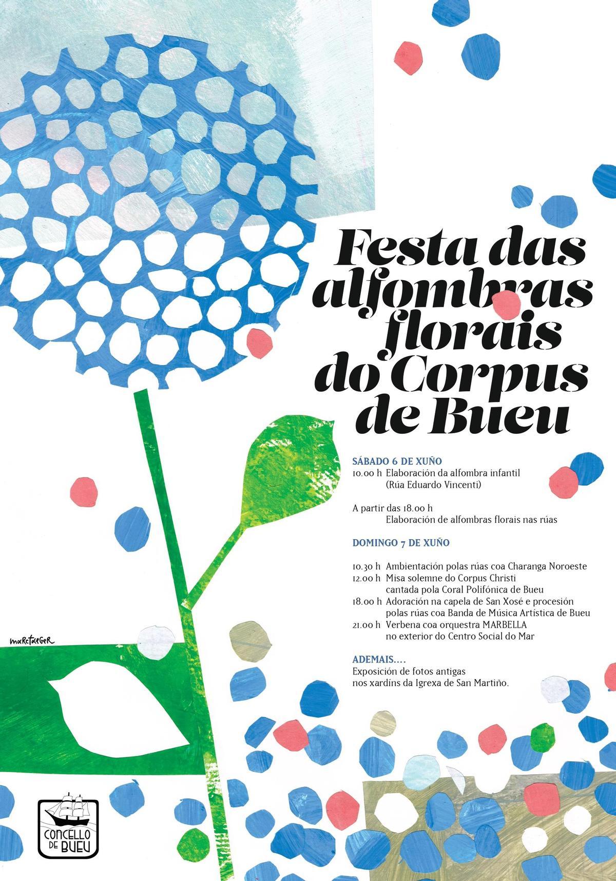 El cartel de la Festa das Alfombras Florais y Corpus de Bueu, diseñado por Marc Taeger.