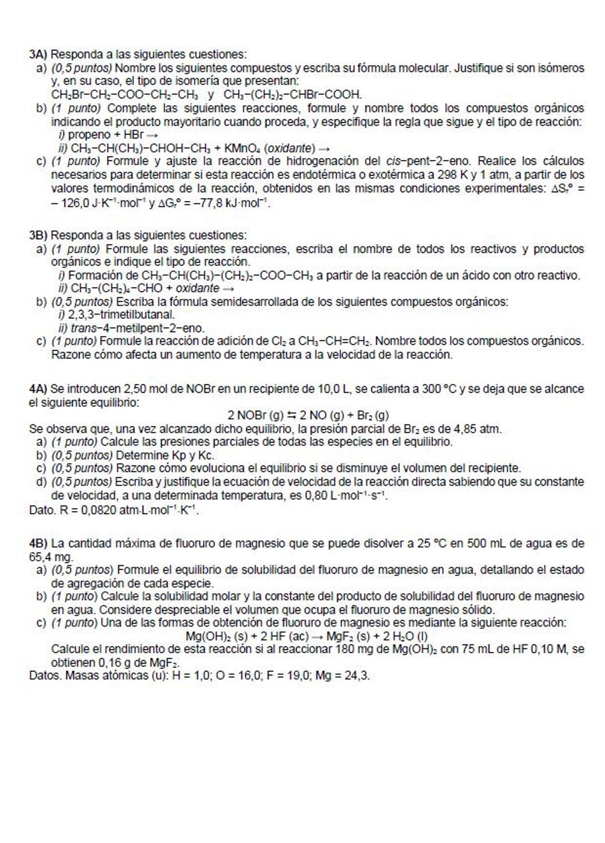 Examen de Química de la PAU extraordinaria de Madrid