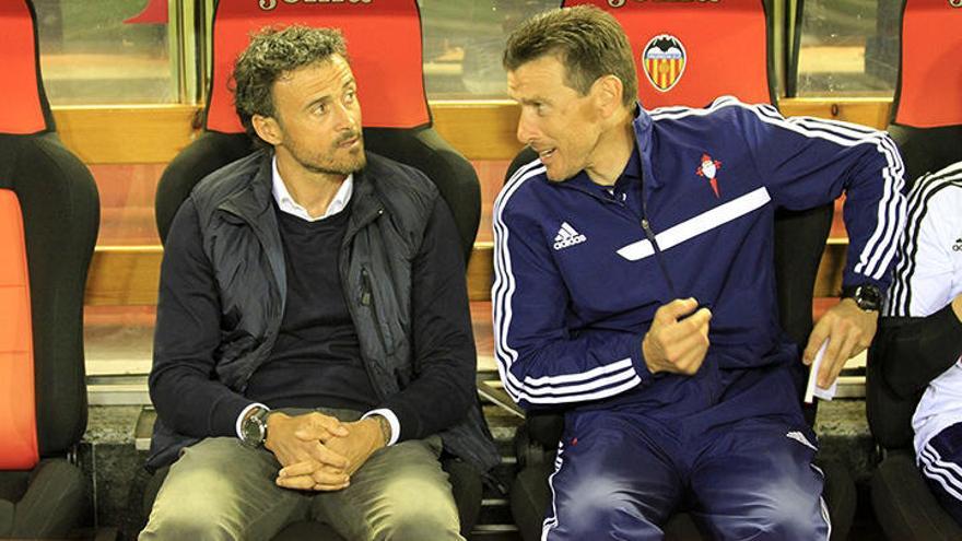 Luis Enrique y Unzué, en un partido de 2014, cuando compartían el banquillo del Celta // LOF