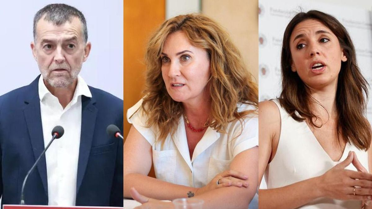 Antonio Maíllo (IU-V), Estrella Galán (Sumar) e Irene Montero (Podemos).