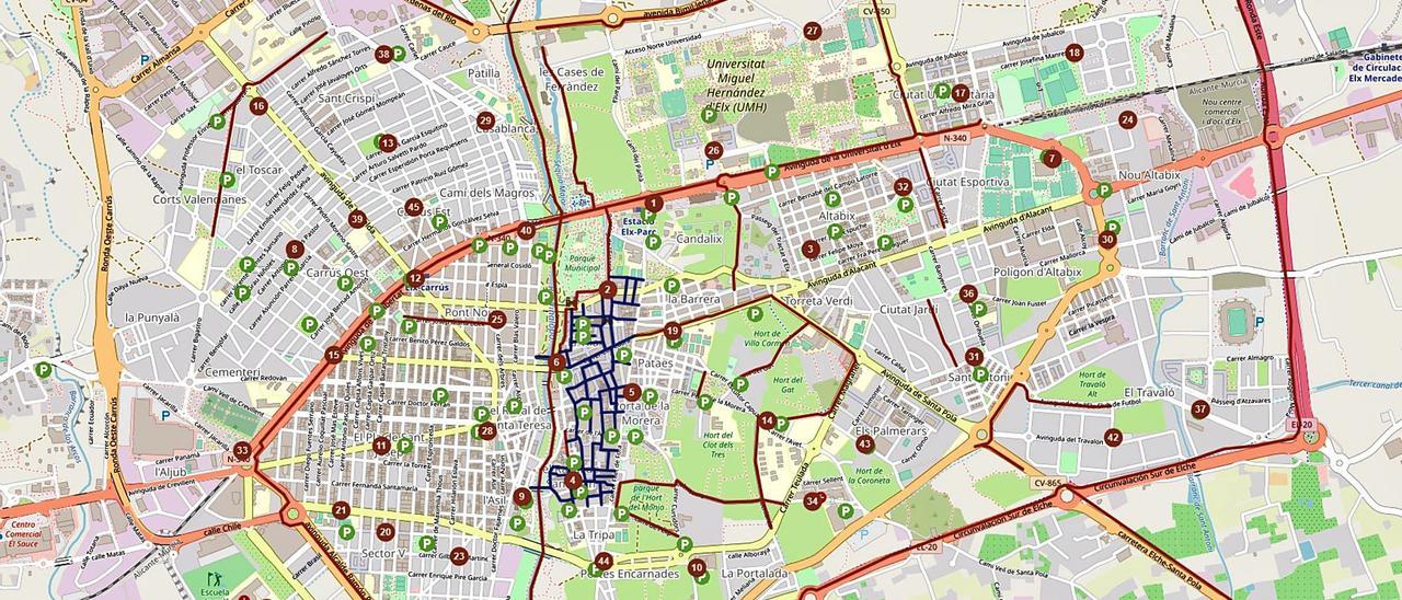 Mapa que permite conocer los carriles bici y las rutas habilitadas en la zona centro, así como los puntos para aparcar bicicletas y las estaciones de Bicielx | INFORMACIÓN