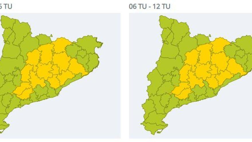 Mapa amb les comarques on pot caure neu fins aquest divendres al migdia