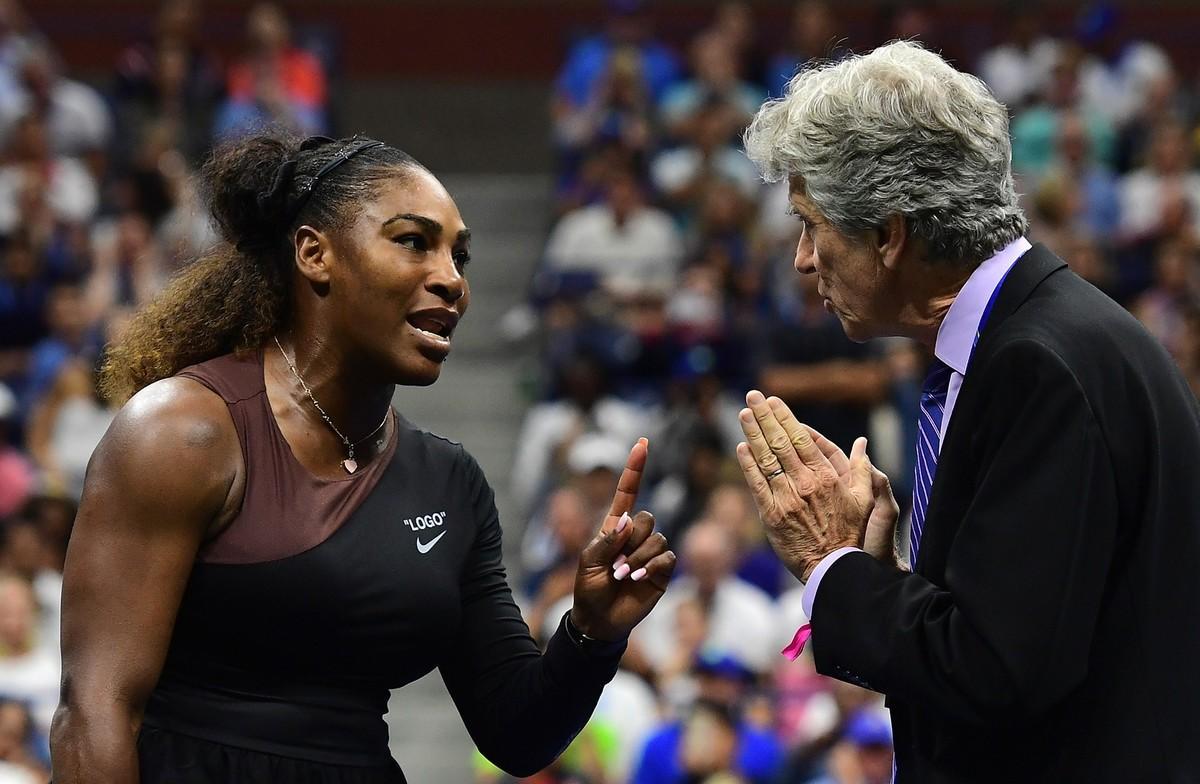 NEW YORK, NY - SEPTEMBER 08: Serena Williams of the United States argues with referee Brian Earley during her Women’s Singles finals match against Naomi Osaka of Japan on Day Thirteen of the 2018 US Open at the USTA Billie Jean King National Tennis Center on September 8, 2018 in the Flushing neighborhood of the Queens borough of New York City.   Sarah Stier/Getty Images/AFP