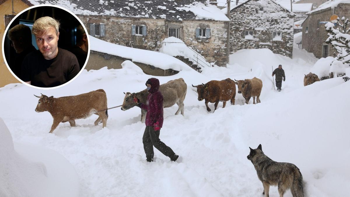 Vecinos del puerto de Santa María de Somiedo, completamente nevado, y en el círculo, José Gómez Jurado