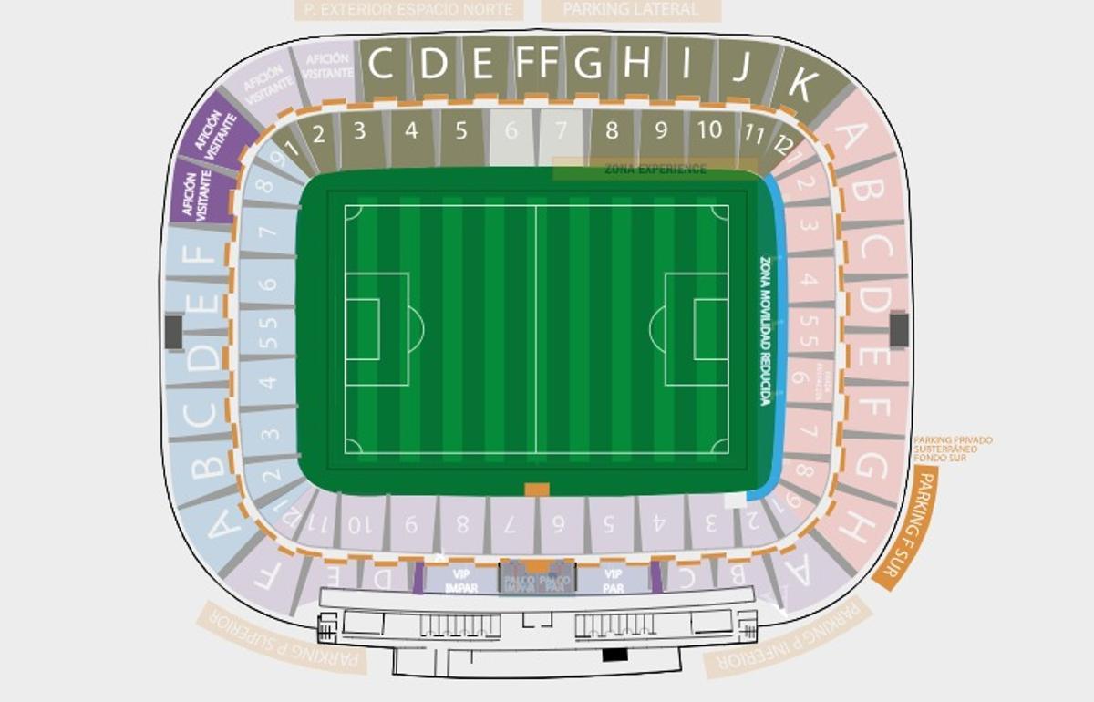 Plano de la Nueva Condomina, con la zona de afición visitante resaltada en color morado