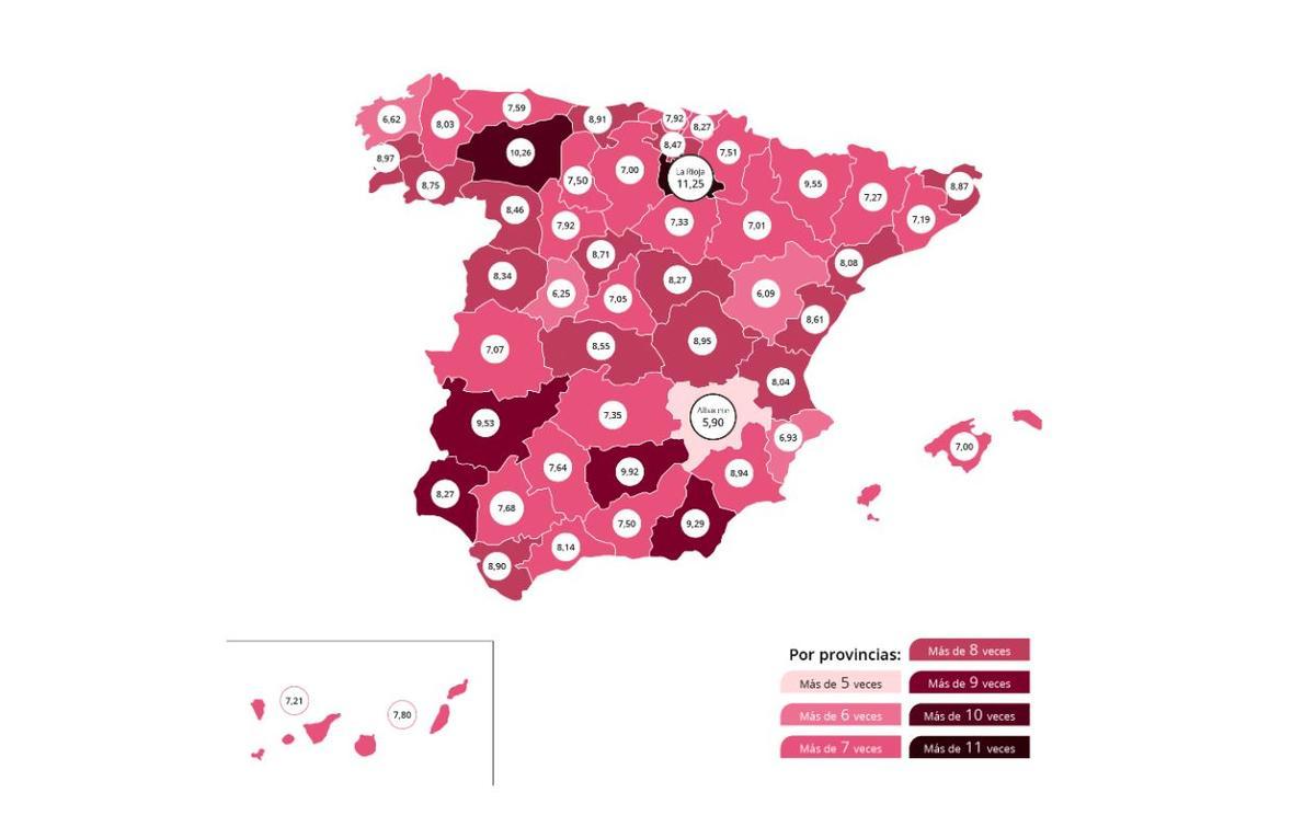 Media de relaciones sexuales al mes en las provincias de España.