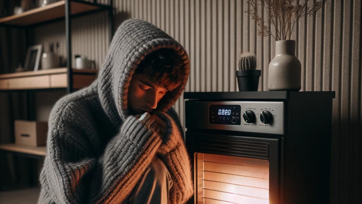 Una persona se calienta con una estufa eléctrica en una imagen creada con IA