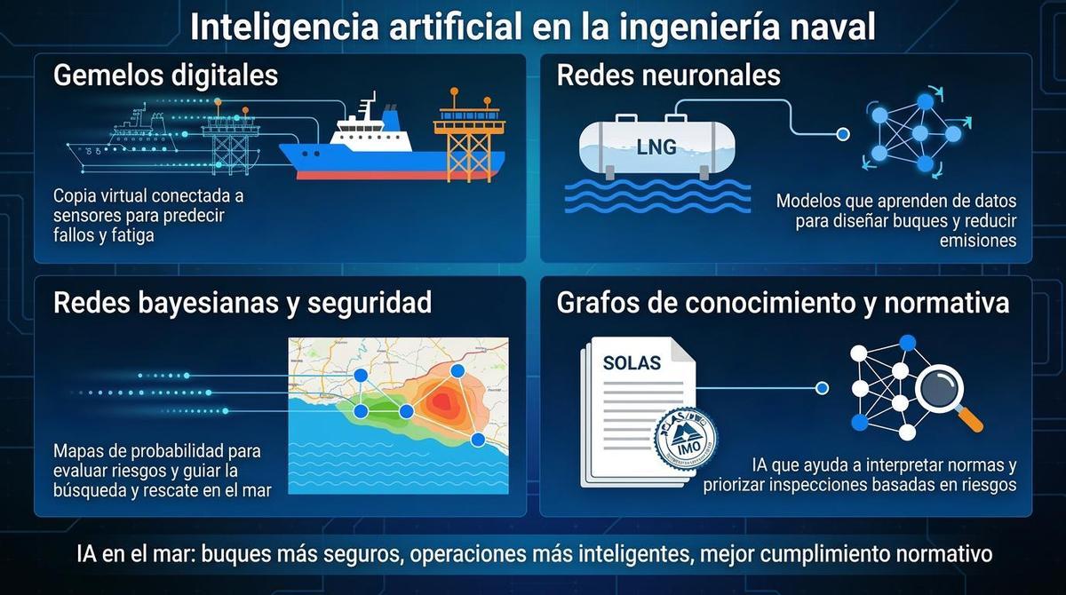 Aplicaciones actuales de la IA en ingeniería naval (gemelos digitales, redes neuronales, redes bayesianas y grafos de conocimiento).