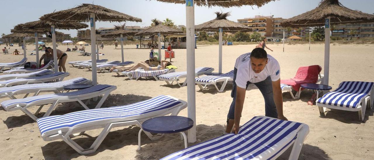 Un trabajador coloca una hamaca en la playa. | TORTAJADA