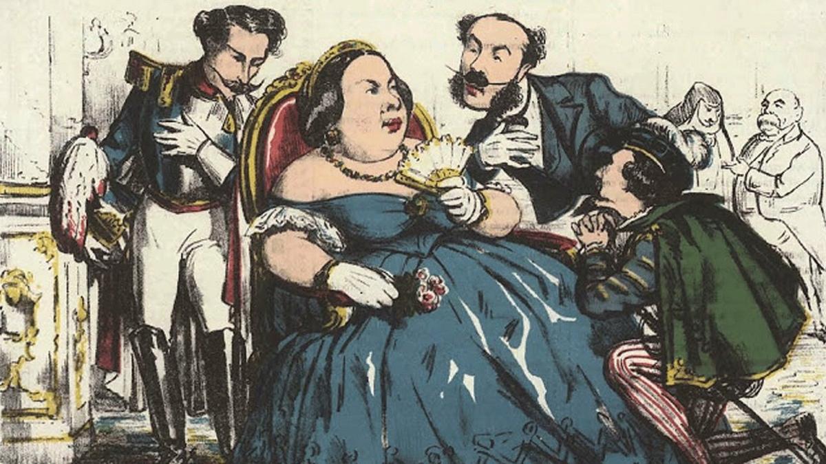 Una caricatura de Isabel II, durante cuyo reinado se desarrolla la novela 'La de Bringas' de Benito Pérez Galdós