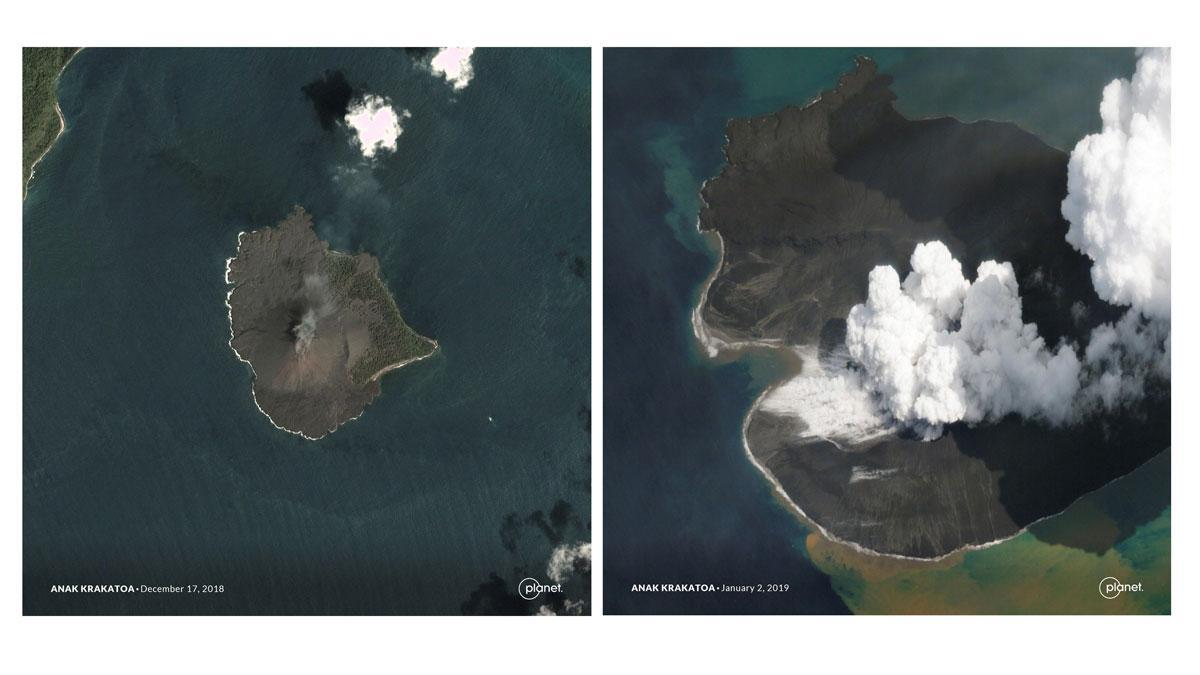 Imágenes del derrumbe del volcán indonesio Anak Krakatau que provocó el tsunami.