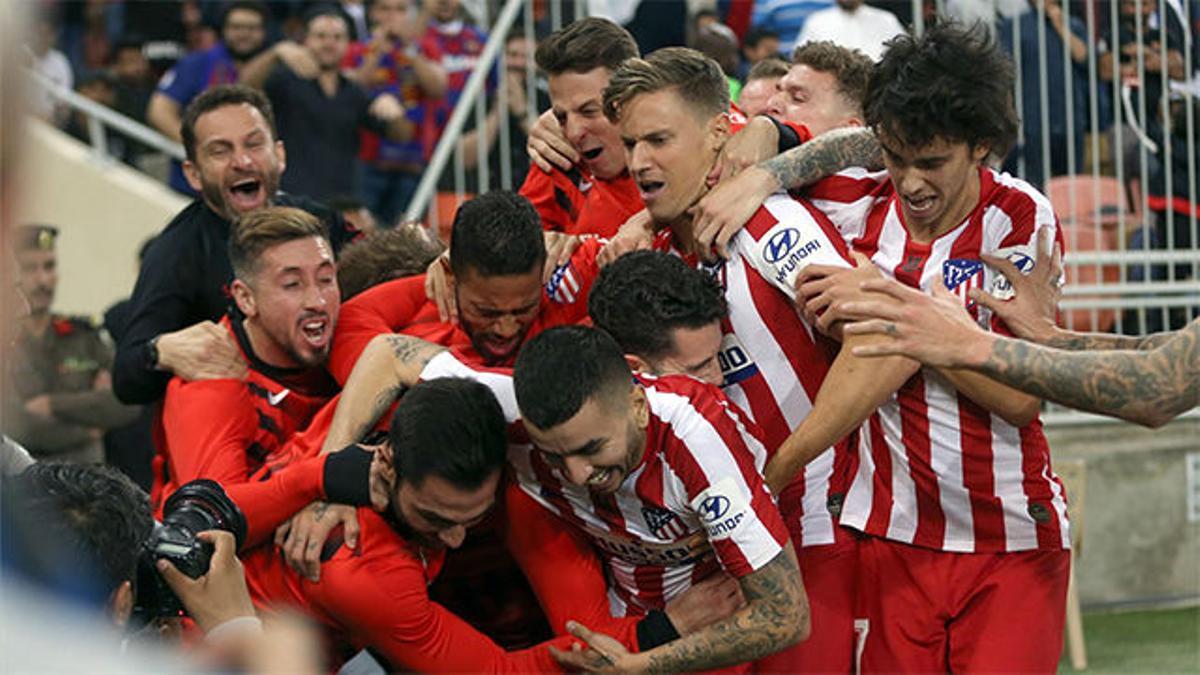 La celebración del Atlético tras eliminar al Barça de la Supercopa