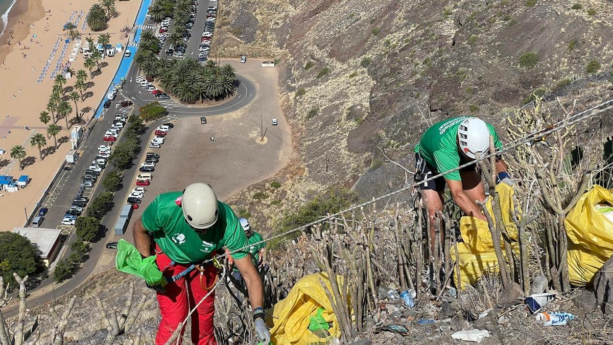 Acción de limpieza en la ladera del mirador de la playa de Las Teresitas.