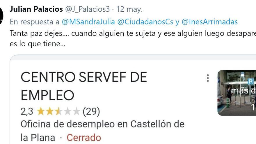 Imagen de uno de los tuits de Julián Palacios en los que se mofa de Sandra Julià, a quien invita a que acuda al Servicio de Empleo.