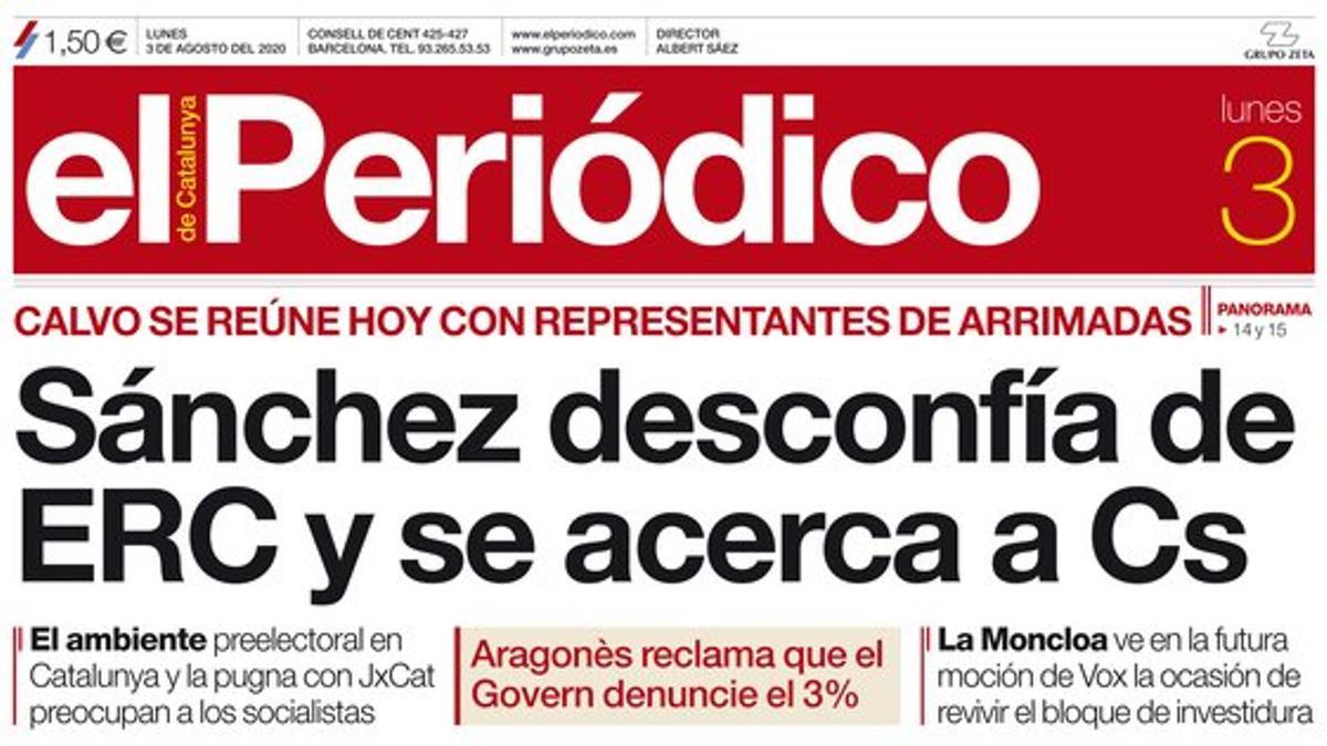 La portada de EL PERIÓDICO del 3 de agosto del 2020