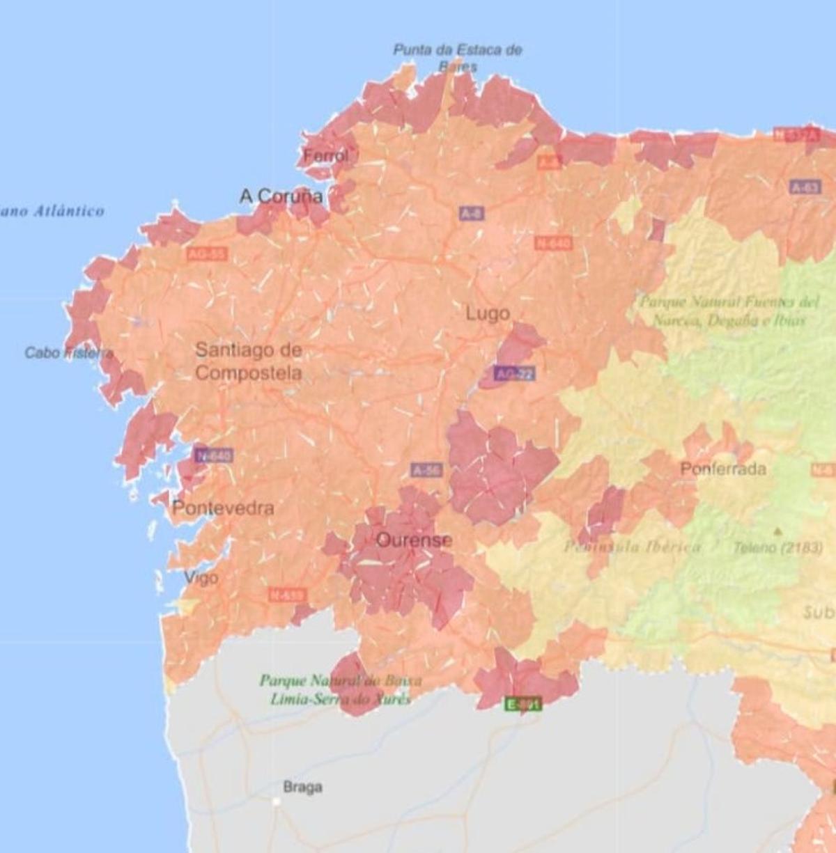 Mapa de probabilidad de presencia de la garrapata Rhipicephalus en Galicia.