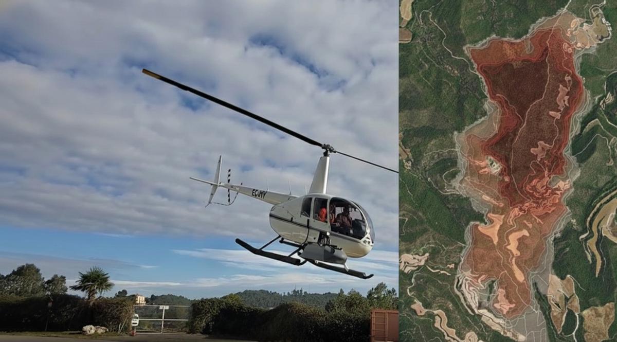 Un helicóptero equipado con los nuevos sensores junto al mapa que muestra la posible evolución de un incendio forestal